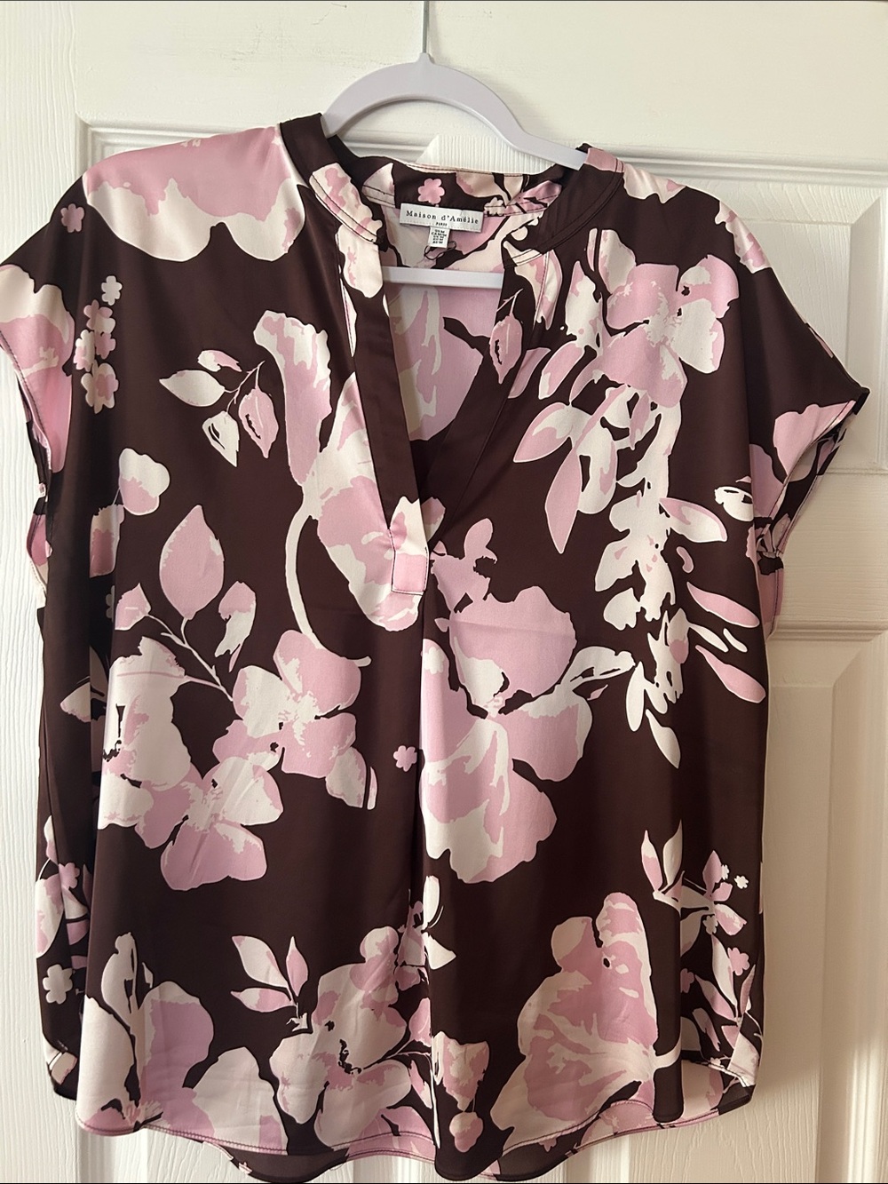 Maison Jules Brown and Pink Floral Notch-Neck Blouse